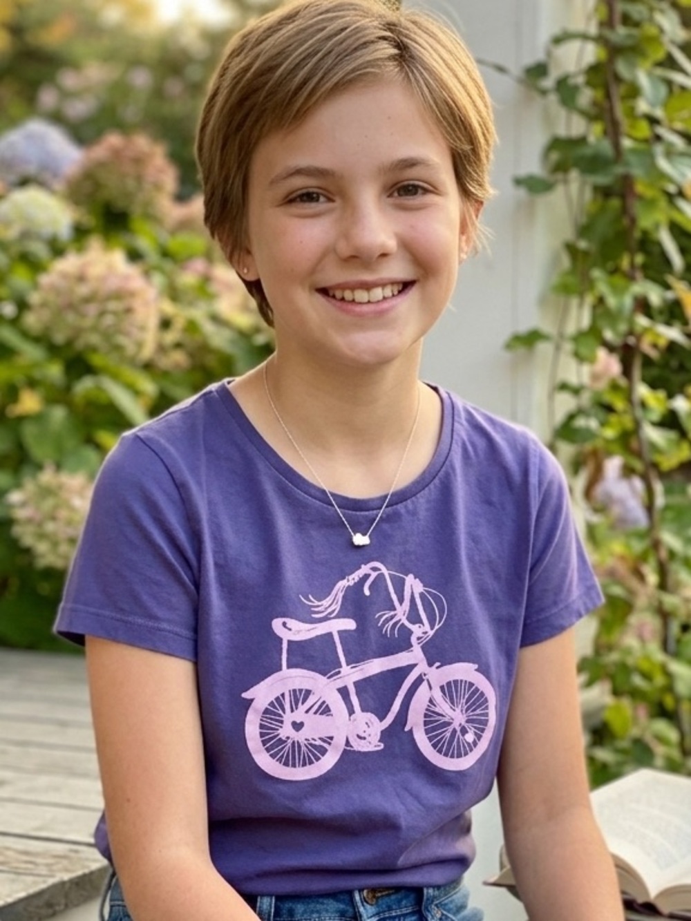 Mini Boden Purple Bicycle Graphic Tee Girls 11-12Y Cotton Bike Shirt Size 10/12